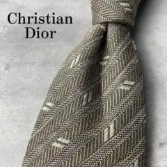 美品 Christian Dior ジャガード ストライプ ネクタイ カーキ 銀