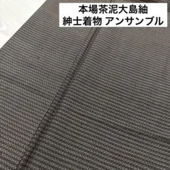 本場茶泥大島紬 紳士着物 アンサンブル 変わり亀甲絣 着物 正絹 RK-2843