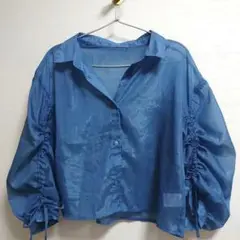 シースルー青クロップドシャツ バルーンスリーブ