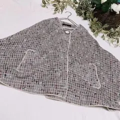 【ノワ】ノーカラージャケット風ポンチョ ウール混 ツィード ポケット付 日本製