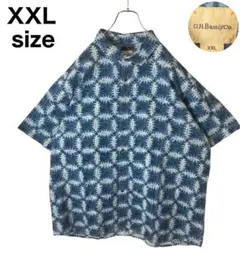 リネンコットン素材×くすみブルーバティック総柄半袖シャツXXLサイズ