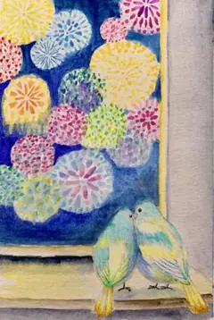 水彩画 窓辺から花火を見るセキセイインコ　値段は700円