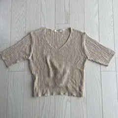 HONEY KNIT ベージュ Vネック 半袖サマーニット
