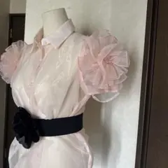 新品　インポート　薔薇付きブラウス　フラワー袖シースルーシャツ 半袖