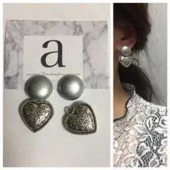 1077 2way☺︎シルバーのカボションピアス×シルバーハート☺︎