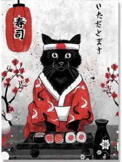 日本語 侍 寿司猫ポスター キャンバスアート ウォールアートパネル 侍油彩絵画