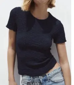 ZARA テクスチャーTシャツ シャーリング　ネイビー 半袖