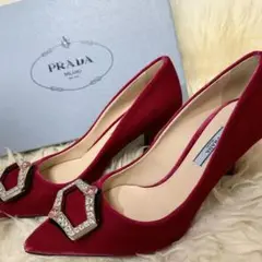 【未使用】PRADA ヒールパンプス ビジューパンプス ダイヤ スエードパンプス