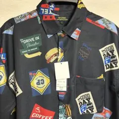 L USA 看板 ホットドッグ総柄 ブラック ラウンド アロハシャツ 新品未使用