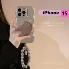 sns話題❣️iPhone15 スマホ　ケース　グリップ　ストラップ付　シルバー