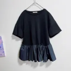 デザインワークス　タフタラッフル切替ブラウス　ペプラム　カットソー　黒