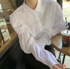 パフスリーブ パフ袖 白 ホワイト ブラウス シャーリング オフィス 夏 韓国L