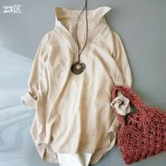 美品　23区　七分袖スキッパーシャツ　ストライプ　ゆったり　コットン　テンセル