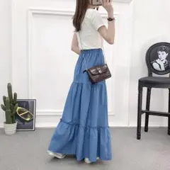 デニム　 スカート　ティアード　フレア　Aライン　F　ロング　マキシ丈