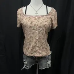 フェアリーグランジ y2k grunge 半袖 ボタン　レース　小花柄　短丈