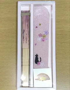 6)【新品】扇子・差し袋セット　黒猫と花の刺繍デザイン　ピンク