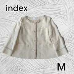 index ホワイトベージュ ツイード 七分袖ノーカラージャケット ラメ 春夏М