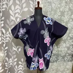 浴衣リメイク 浴衣反物 Vネック カフタン ブラウス 紺 あやめ 菖蒲 花 39