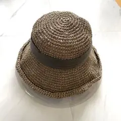 ベージュ 麦わら帽子 リボン付き