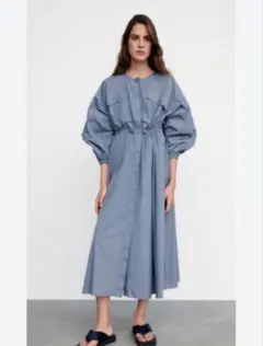 【ZARA 】ナイロン シャツワンピース シャーリング ブルーXS