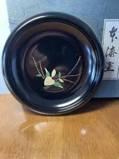 会津塗り　萩にうずら　丸盆　未使用