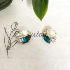 【17】人工ダイヤモンド　ジルコニア×パール×ブルーガラスビジューのピアス