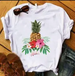 【新品】「Aloha」ロゴ★パイナップル柄のハワイアンTシャツ M★フラダンス