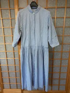 みなとのてんらんかいシャツワンピース 長袖 青と白とブラウンストライプ