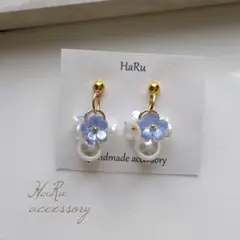 【 Y1 】フラワー×パール ブルー ホワイト ピアスorイヤリング