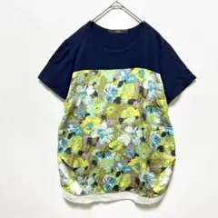 異素材ドッキング カットソー 半袖 ラウンドネック とろみ 花柄