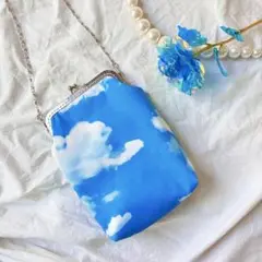 がま口 ポシェット バッグ ハンドメイド 空 雲 ミニバッグ ショルダー ポーチ