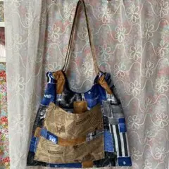 デニム柄生地❣️エコバッグ　肩掛けエコバッグ 前ポケット付き❣️サブバック