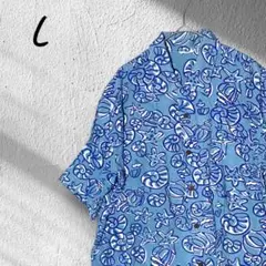 メンズ　シャツ　半袖　アロハシャツ ブルー　貝殻模様　サイドスリットあり　青