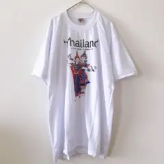 美品　Thailand　半袖プリントTシャツ　薄手　ロゴ　タイ　民族　白4660
