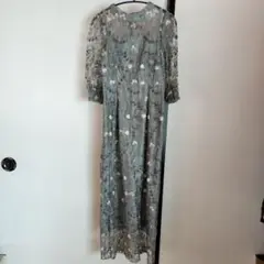 花柄刺繍 グレー レース ロングドレス