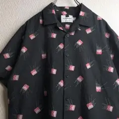古着 シャツ 総柄 柄シャツ 開襟 オープンカラーシャツ ブラック 黒 半袖