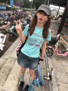 y2k ピチT ストリート水色 プリント Tシャツ