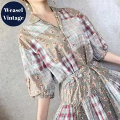 ピンクハウス パッチワーク柄ロングワンピース レトロ古着 緑 総柄 マキシ丈