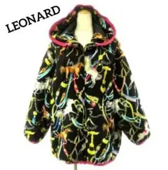 大きめサイズ レオナールLEONARD 中綿ジャケット馬柄チェーン総柄 黒 F