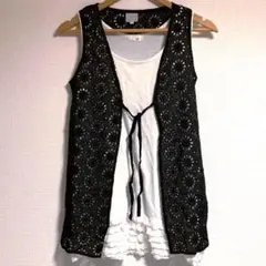 【美品】フルーツケイク cher コットンレース ベスト チュニック 羽織 黒S