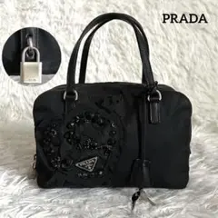 良品✨プラダ イブニング ハート ミニボストン 三角プレート ナイロン 黒