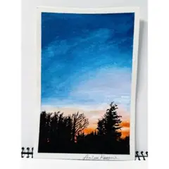 【原画】夕焼けの風景画　アクリル水彩画　ポストカード　一点物