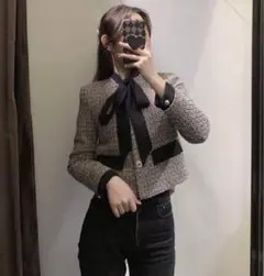 ★ZARAリボンディテールテクスチャーブレザー〈M〉ツイードジャケット ZARA - Zara リボンディテールテクスチャーブレザー ツイード