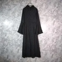 美品✨フレイアイディー　ロングシャツワンピース　黒　ドット【0】フレアスリーブ
