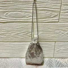 メタルメッシュ　蛇腹開閉式コインケース　小物入れ　ストラップ付　シルバー　レトロ