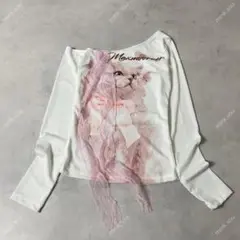 y2k フェアリーグランジ ねこプリント バレエコア　猫　ピンク　オフショル4