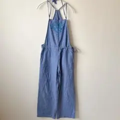 チチカカ 刺繍入りコットンオールインワン サロペット　Fサイズ ブルー系