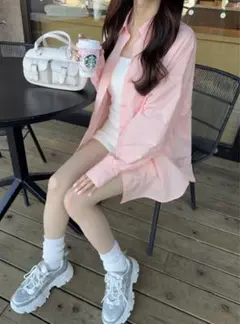 未使用 GRL グレイルラウンドヘムオーバーサイズシャツ ピンクGU