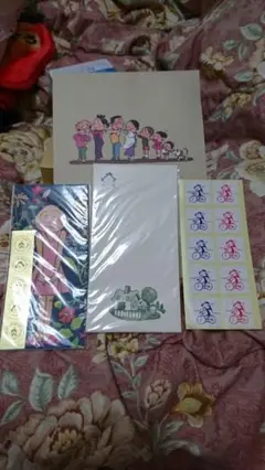 未使用★サザエさん４点＋袋つき　長谷川町子美術館　便箋　封筒　シール