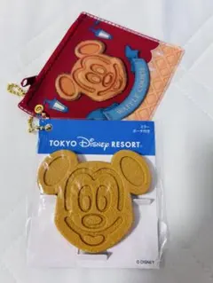 ディズニー　ミッキーワッフル　ミラー　ポーチ付き